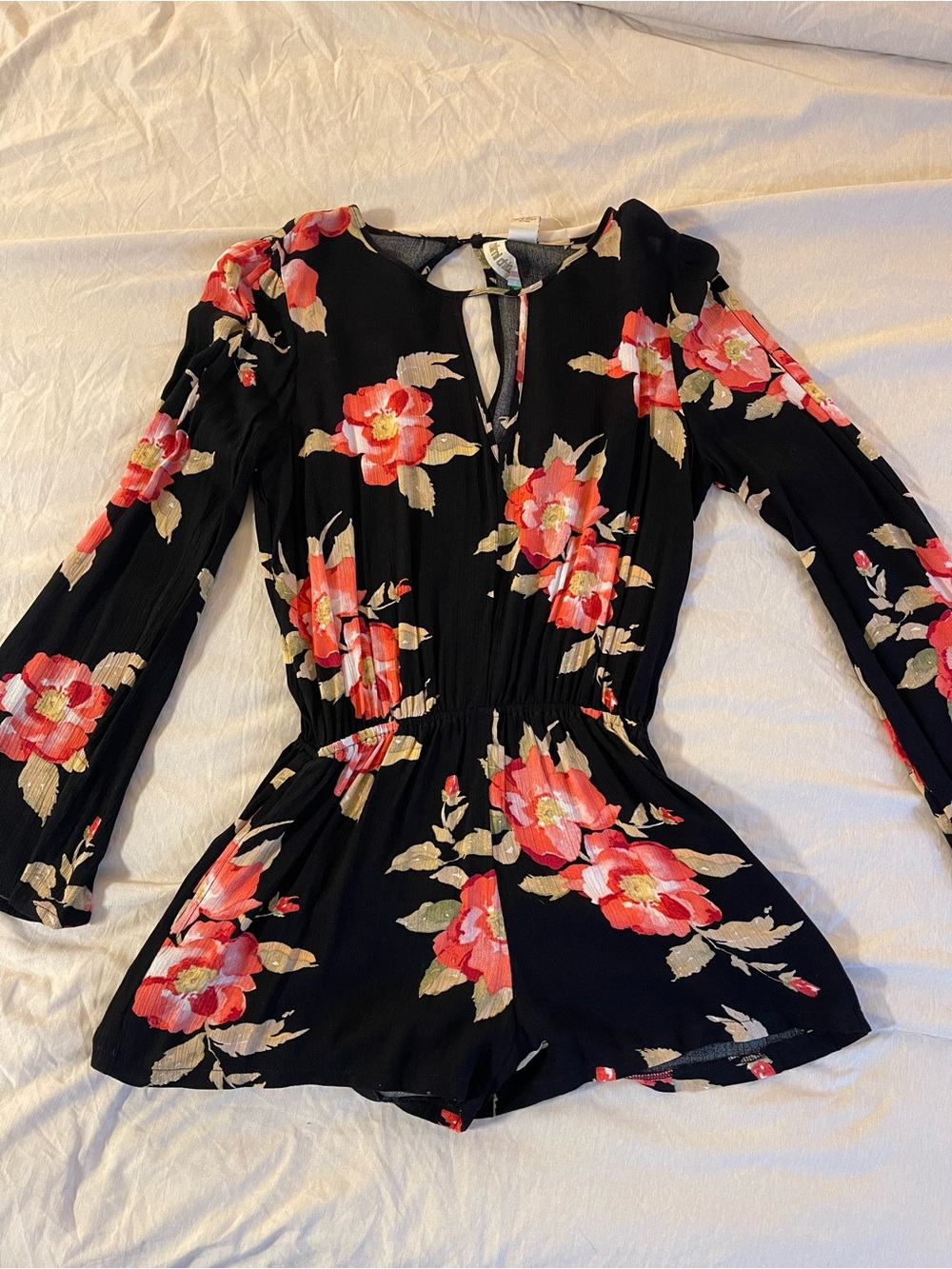 Black Floral Long-Sleeve Romper with Pink Red Flowers